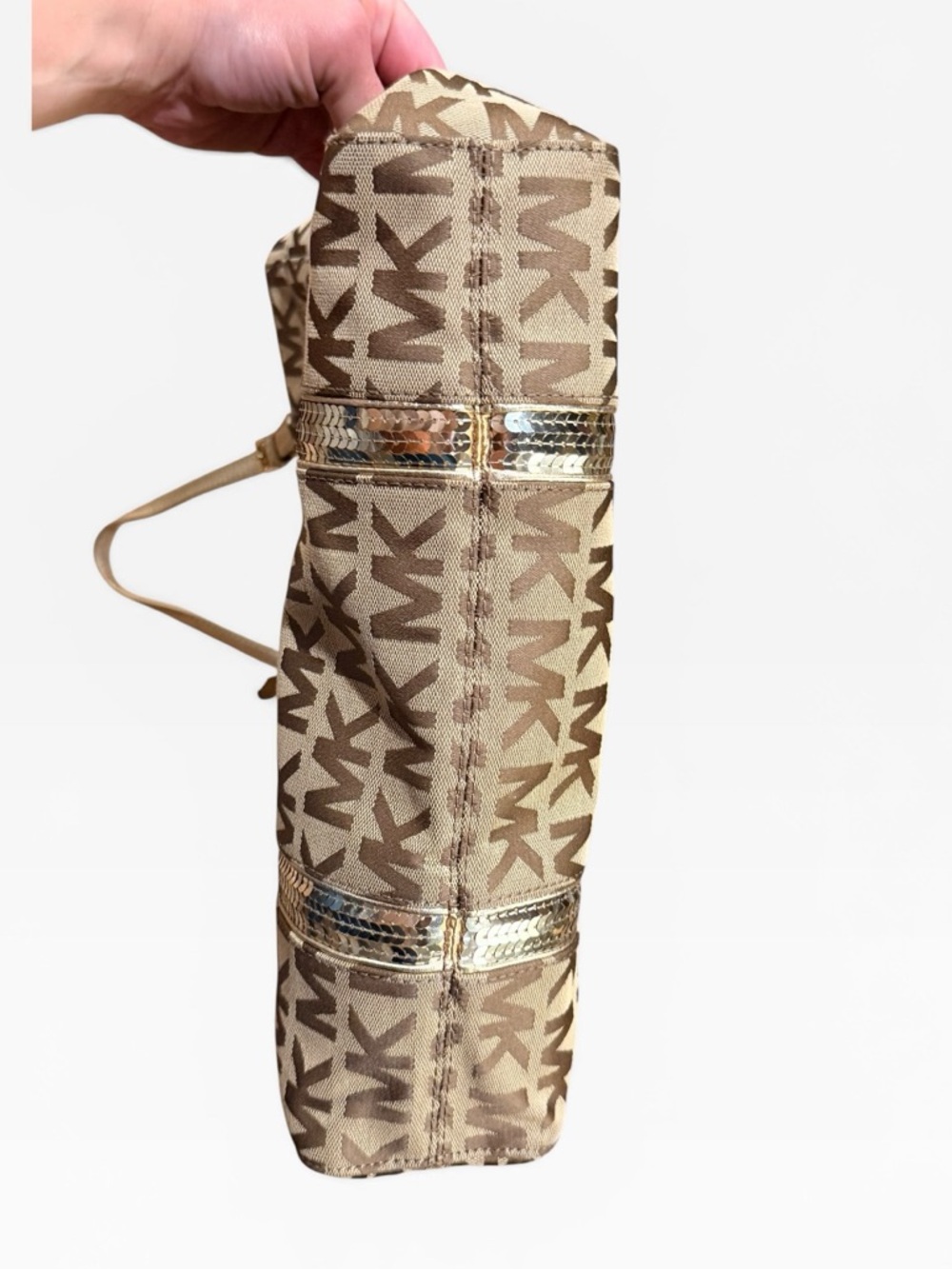 Michael Kors Monogram Sequin Stripe Tote Bag - Gold/Tan - Picture 8 of 15